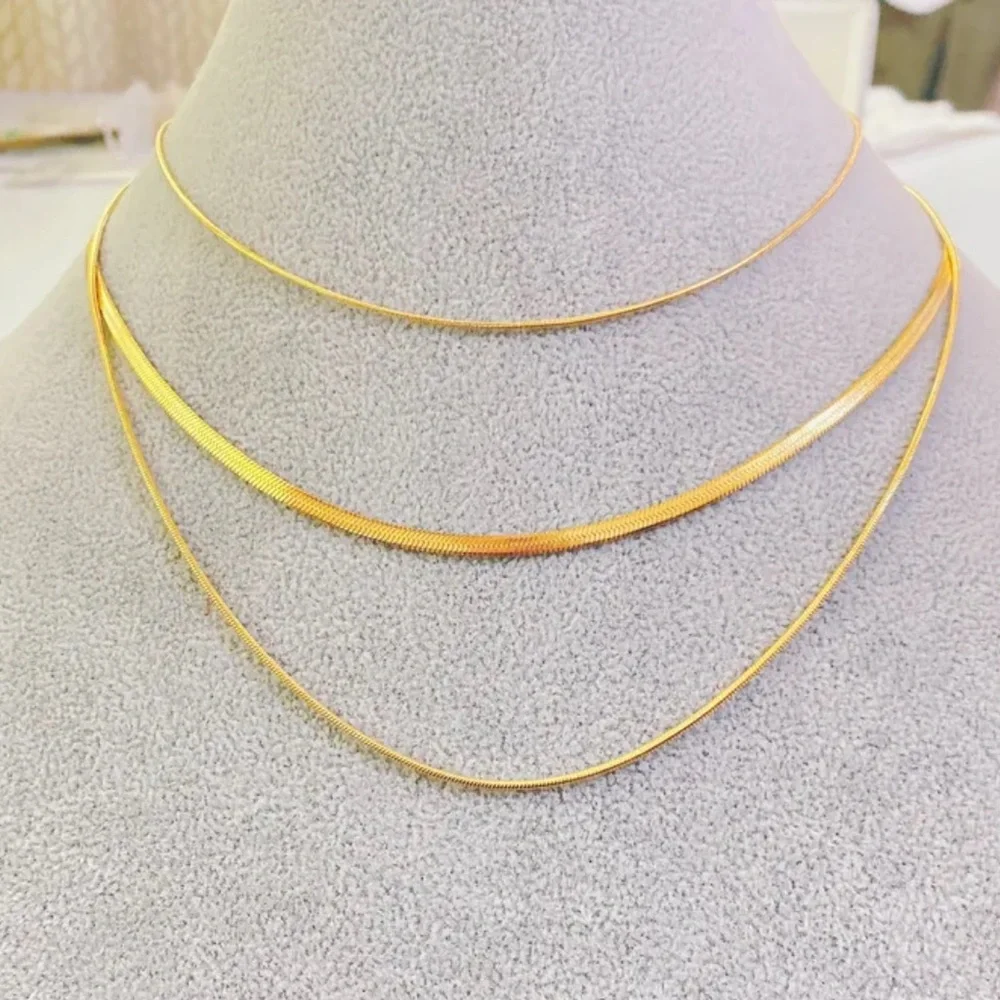 Titanium Steel Layered Herringbone & Snake Chain Tri-Strand Necklace 18k Gold